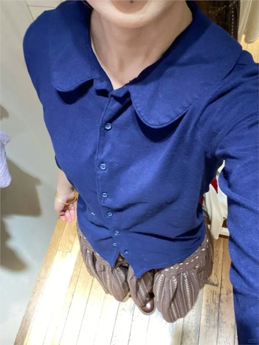 Cute Navy Button BabyDoll Tops Women New Cotton Casual Turn-down Collar Half Sleeve Tees Female Y2K Sweet Preppy Style T-shirts
