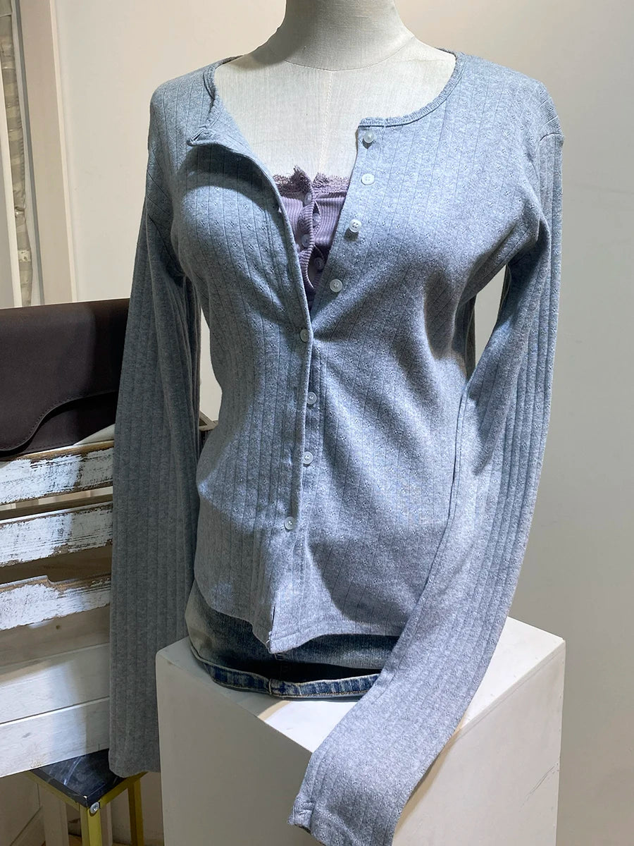 Eyelet Slim Long Sleeve T-shirt Women Spring Preppy Style O-neck Single Breasted Cotton Tee Shirts Cute Vintage Sweet Tops Y2K