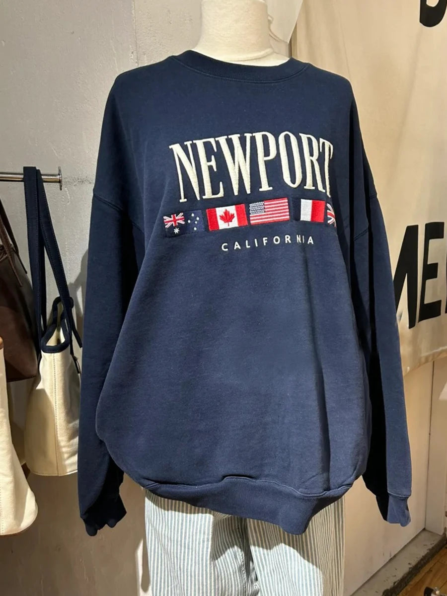 Letter Embroidery Sweatshirts Women Autumn New Casual O-neck Flag Long Sleeve Hoodies Vintage Harajuku Chic Pullover Top Y2K