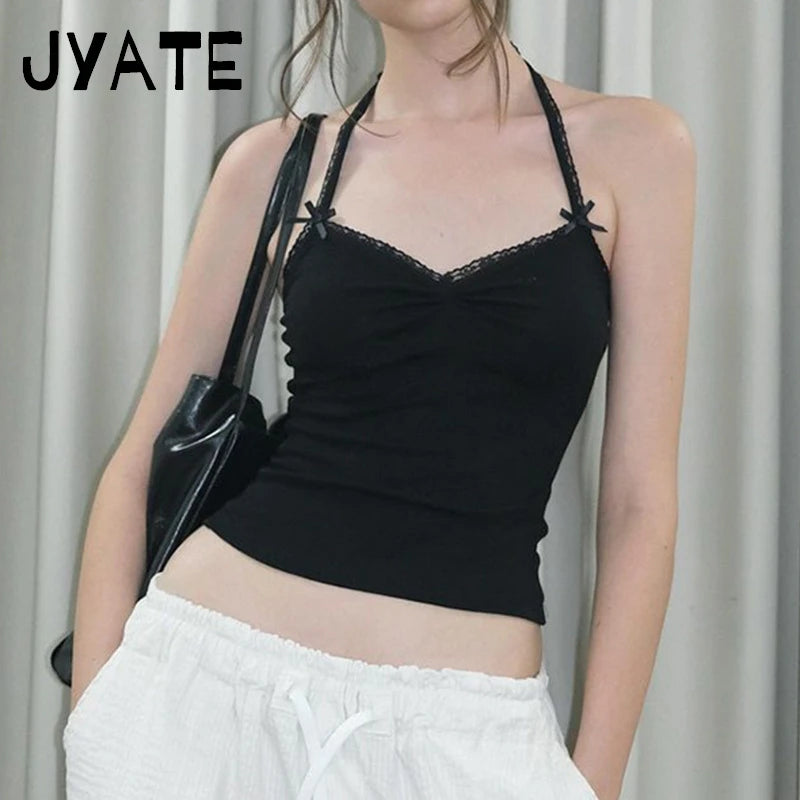 Sweet Blue Striped Lace Strapless Halter Camisole Women New Cotton Bow Slim Cropped Vests Cute Chic Preppy Style Tank Tops Y2K