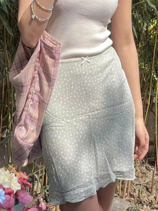 Sweet Floral Bow A-line Skirts Women Summer Fairycore Slim Lace Trim Preppy Style Mini Skirt Female Cute Vintage Falda Clothes