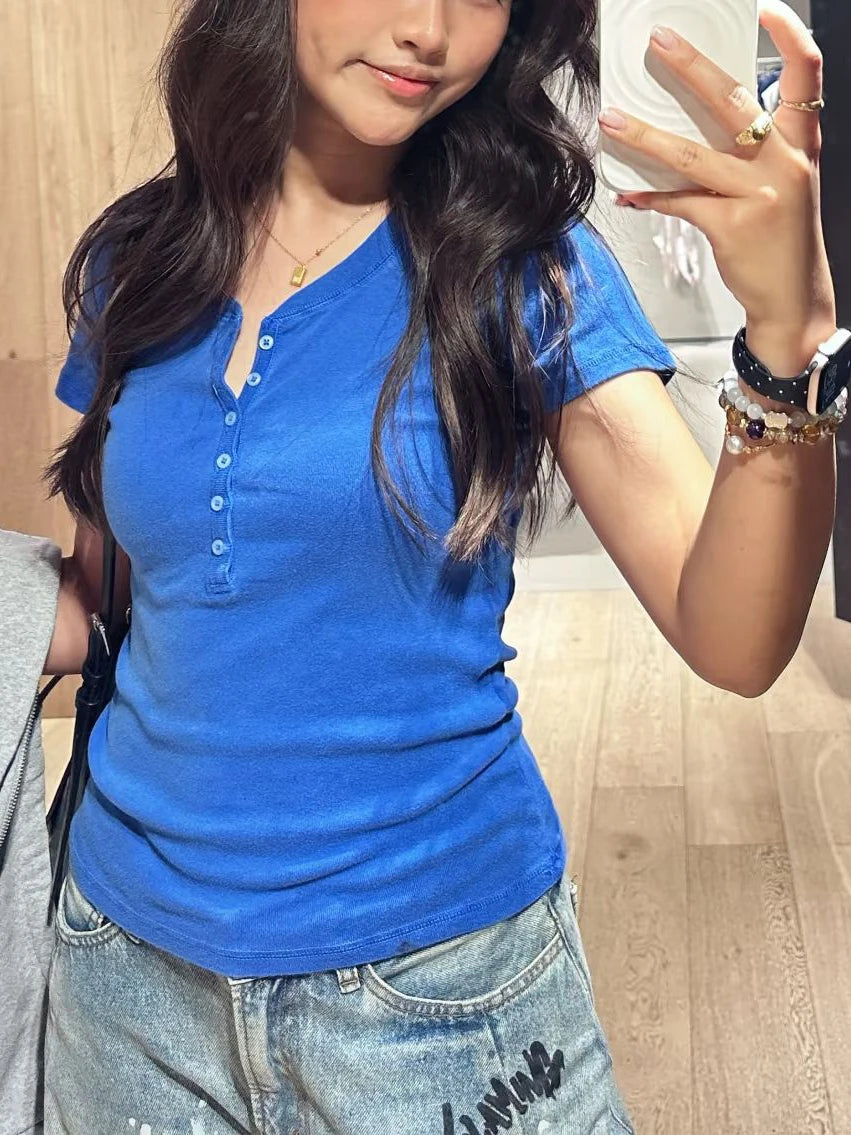 Electric Blue Six Buttons T-shirts Women Summer O-neck Cotton Slim Short Sleeve Tee Tops Female Casual Simple All-match Tshirts