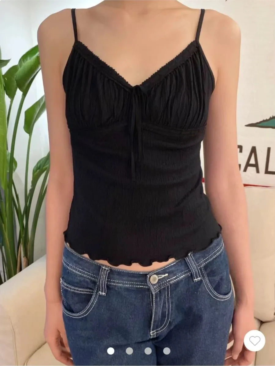 Gray Folds Lace-up V-neck Tank Tops Women Summer Casual Lace Cotton Slim Sleeveless Vests Sweet Cute Preppy Style Camisole