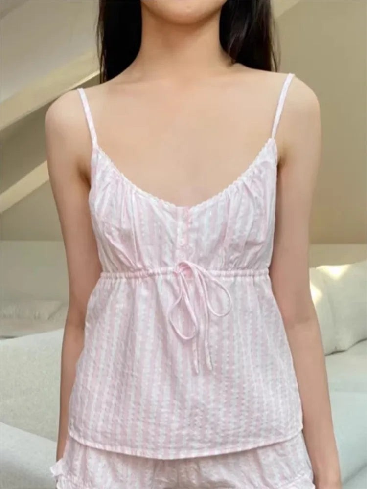 Pink Striped Lace-up Tank Tops Women Summer Cotton Lace Trim Slim Buttons Strapless Vests Female Sweet Cute Preppy Camisole Y2K