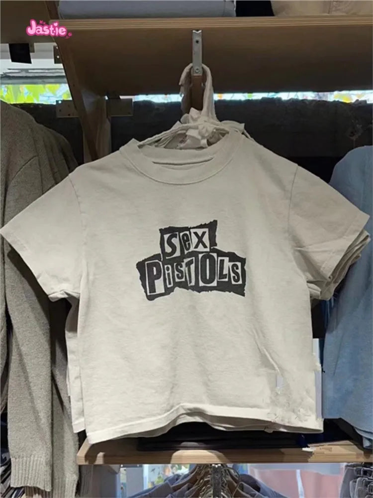 Vintage Letter Graphic Crop Top Women Summer Casual Round Neck Short Sleeve Short T-shirt Female Retro Classic Cotton Tops Chic