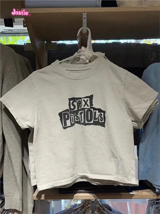 Vintage Letter Graphic Crop Top Women Summer Casual Round Neck Short Sleeve Short T-shirt Female Retro Classic Cotton Tops Chic