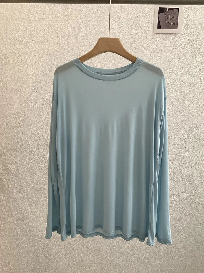 Sweet Thin Sun Protection T-shirts Women Summer Casual Streetwear Lyocell O-neck Long Sleeve Tees Chic Preppy Style Tops Y2K New