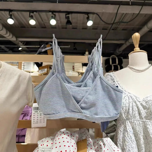 Blue Striped V-neck  Slim Bra Top Women Summer Cotton Sexy Camis Tank Tops Female Cute Y2K Clothes Sweet Preppy Style Home Vest