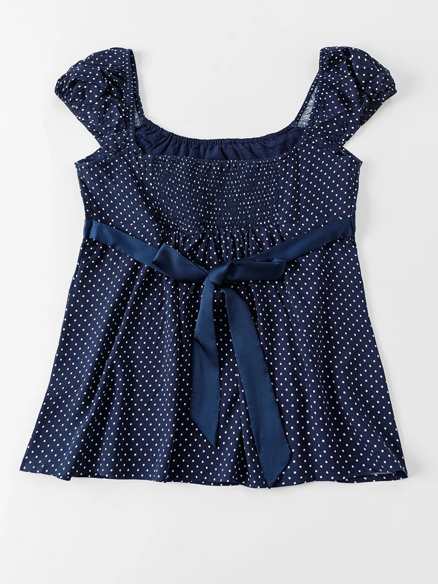 Polka Dot Navy Lace-up T-shirts Women Summer New Casual Slim Square Collar Tee Tops Female Vintage Preppy Style Chic T-shirt Y2K