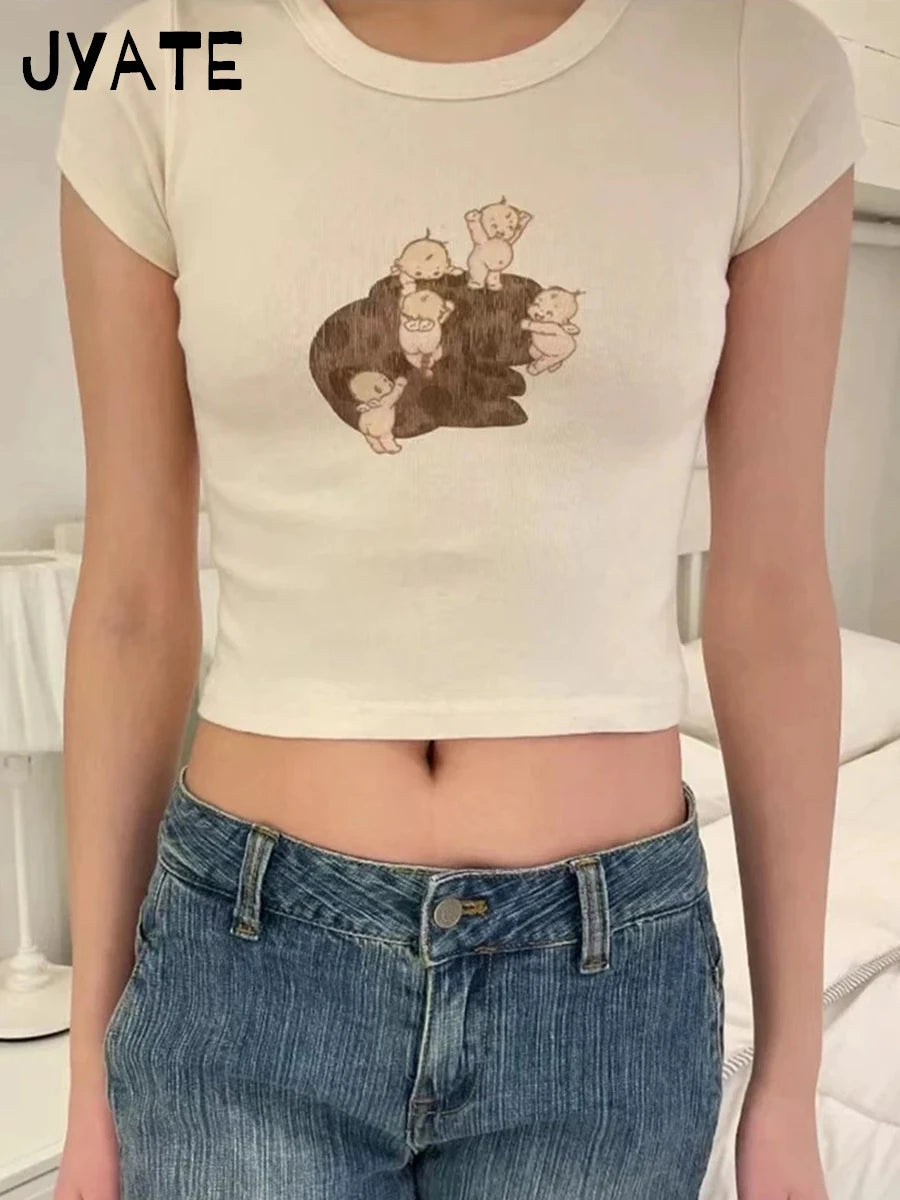 Cute Cartoon Angel Print Slim T-shirts Women Summer O-neck Cotton Harajuku Streetwear Short Sleeve Tees Sweet Chic Y2K Crop Tops