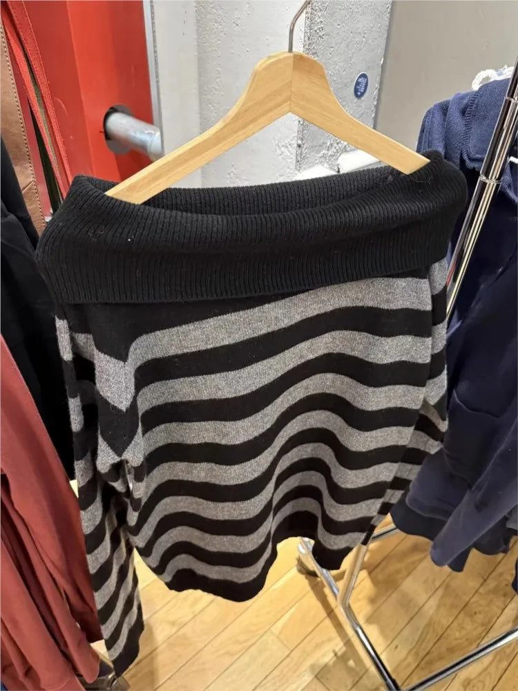 Slash Neck Striped Sweaters for Woman Spring Black Grey Long Sleeve Knitted Pullover Top Casual Vintage Preppy Style Jumper