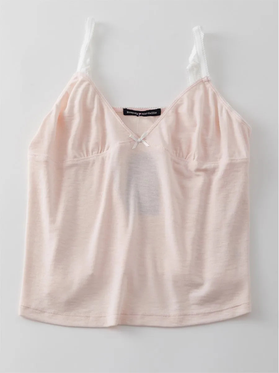 Pink Lace Trim V-neck Bow Tank Tops Women Summer New Casual Cotton Slim Sleeveless Bow Camisole Sweet Cute Preppy Style Crop Top