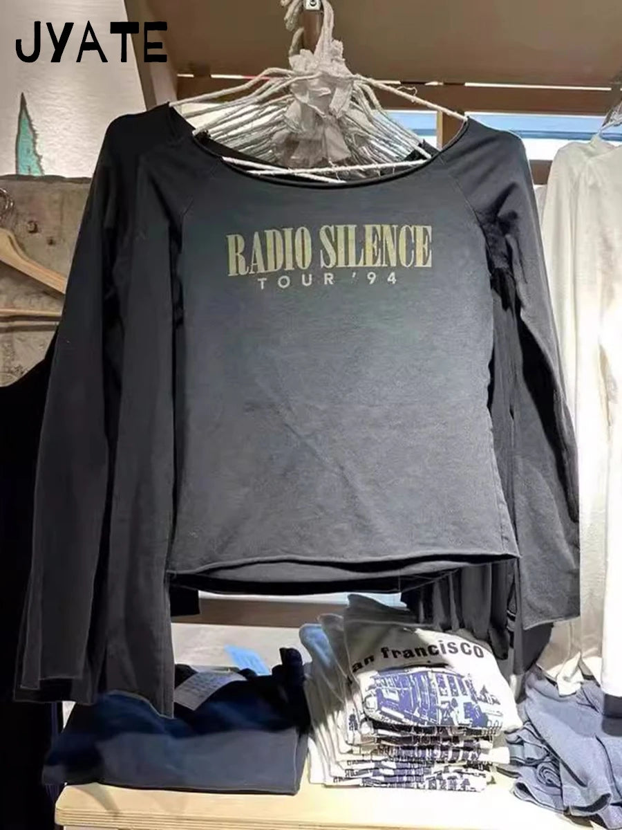 Letter Print Slash Neck Long Sleeve Tee Women Summer New Cotton Slim Sexy Raw Hem Casual Tops Vintage American Chic T-shirts Y2K