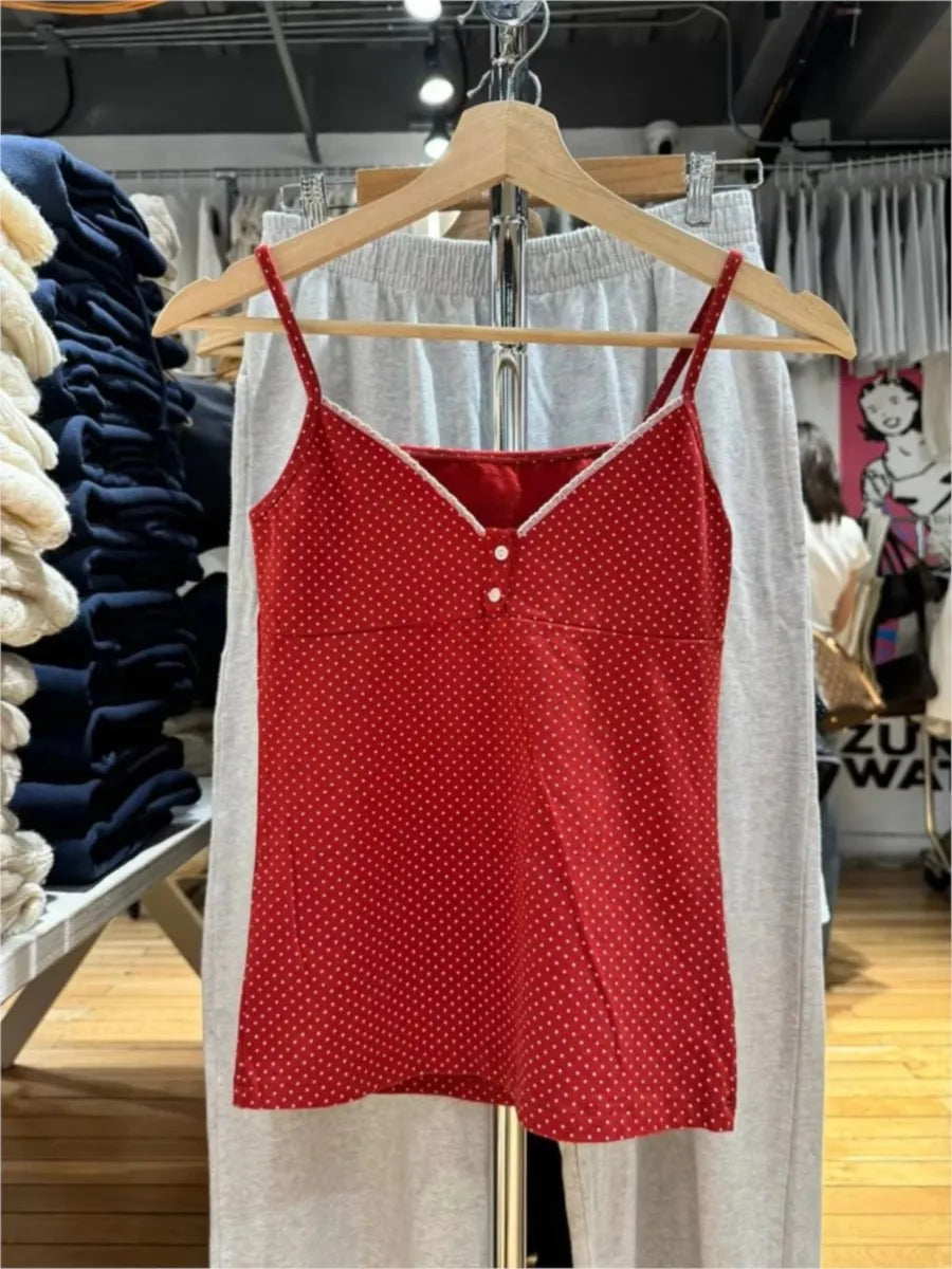 Red Polka Dot Two Button Cotton Tank Top Women New Casual Slim Sexy Lace Trim Cropped Vests Female Vintage Simple Chic Camis Y2K