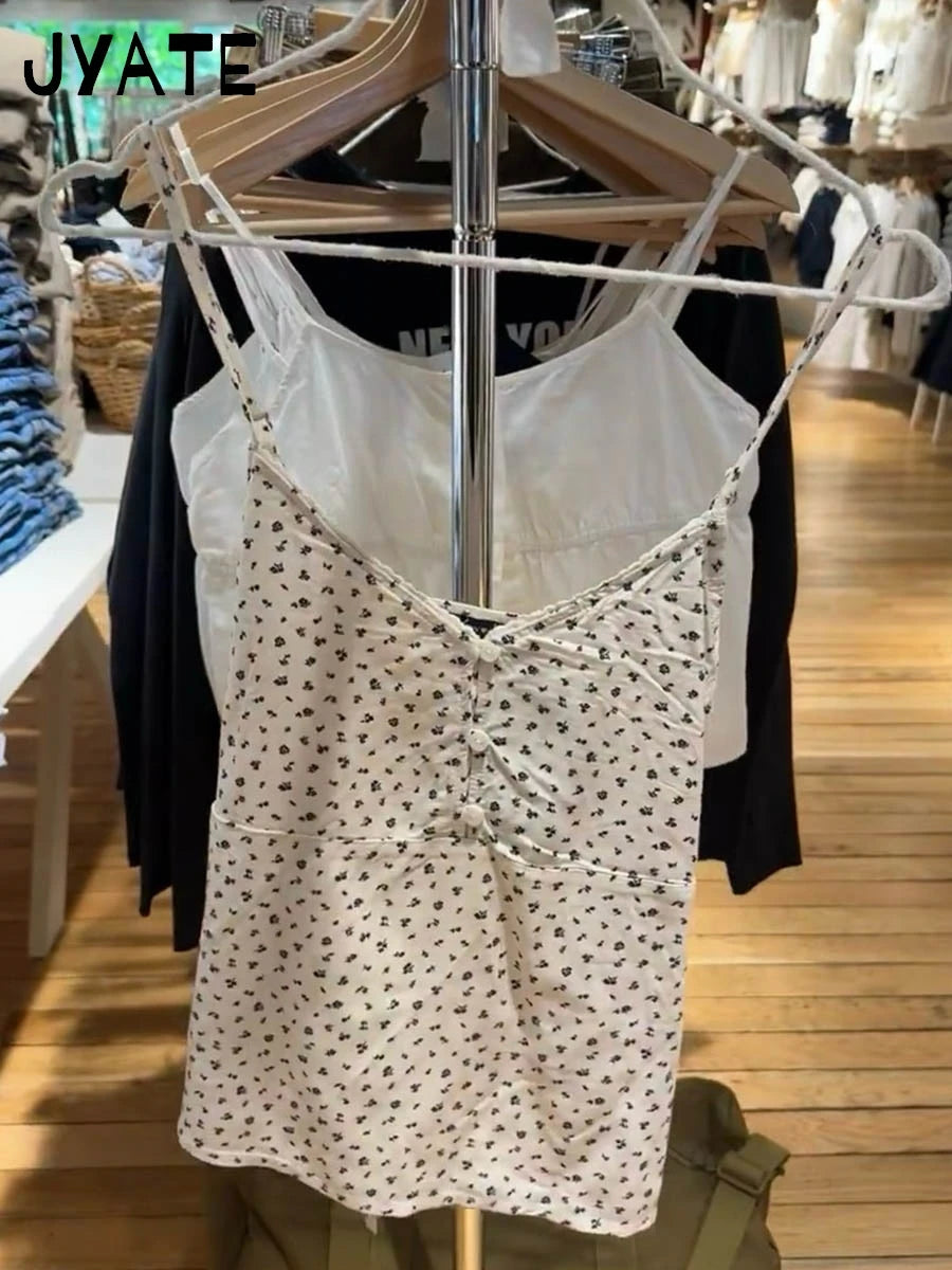 Floral Print Buttons V-neck Tank Tops Women New Casual Streetwear Cotton Preppy Sleeveless Vests Sweet Cute Vintage Camisole Y2K