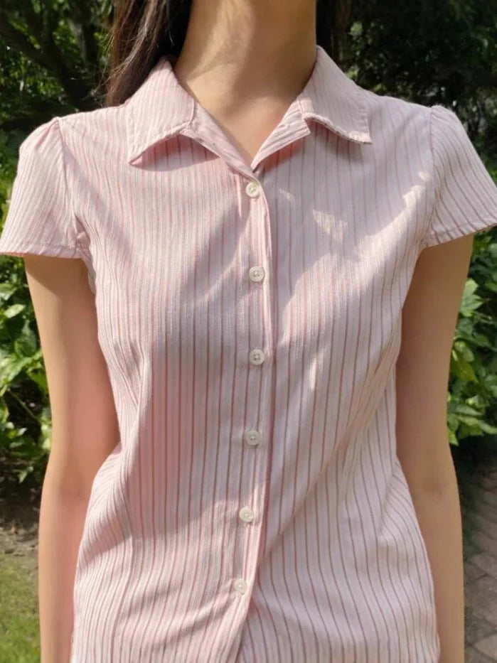 Sweet Pink Striped Blouse Women Summer Casual Streetwear Slim Short Sleeve Buttons T-shirts Cute Preppy Style Tshirt Y2K