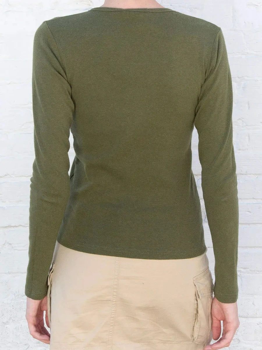 Army Green Long Sleeve Tees Women Autumn Simple Chic O-neck Slim Cotton Basic Tee Clothes Streetwear Vintage Casual T-shirts Y2K