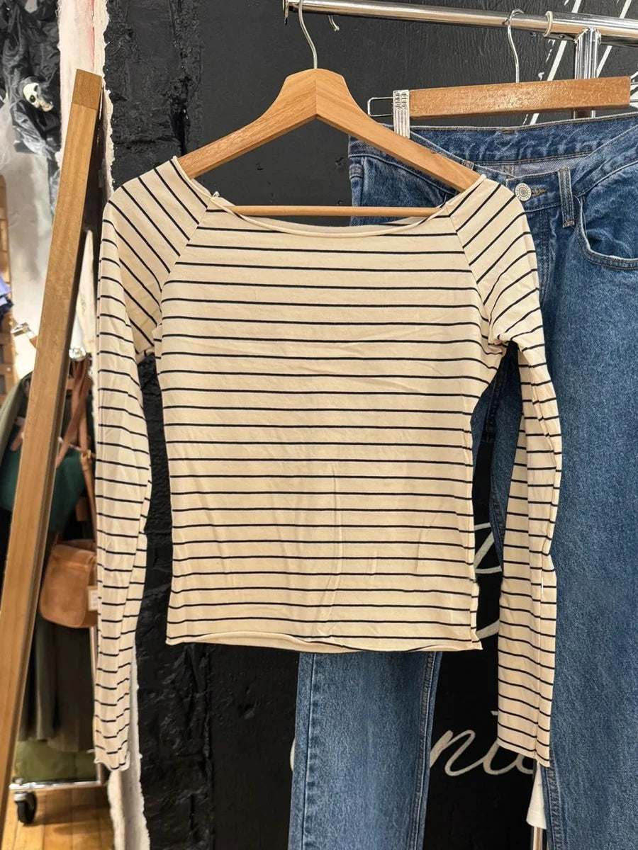 Vintage Black Striped Long Sleeve T-shirt Women Autumn All-match Raw Hem Slash Neck Slim Tees Casual Streetwear Tshirts Y2K Tops