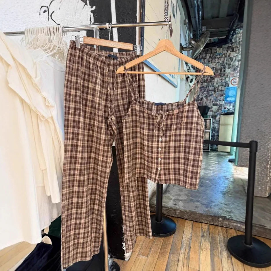 Retro Plaid 2 Piece Outfits Women Summer Casual Cotton Buttons Tank Tops+Drawstring Long Pants Sweet Cute Camisole Home Sets Y2K