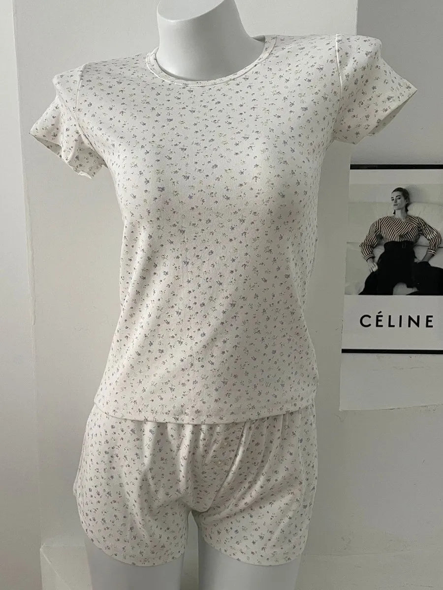 Eyelet Floral Print T-shirt Shorts Outfit Women Cotton O-neck Slim Tees +Buttons Straight Sweatshort Sweet Home 2 Pieces Set New