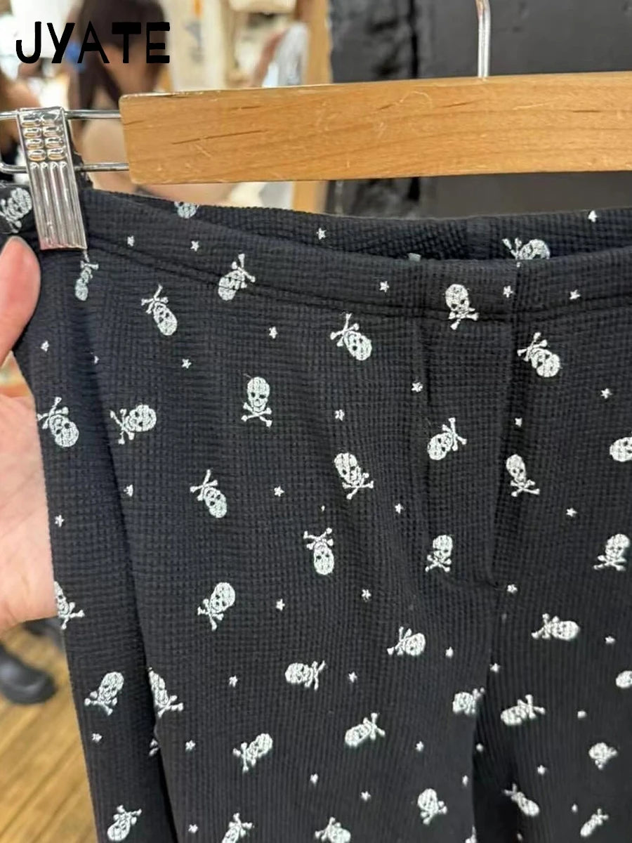 Harajuku Black Skulls Print Waffle Long Pants Women New Casual Elastic High Waist Straight Pant Vintage Preppy Chic Trousers Y2K