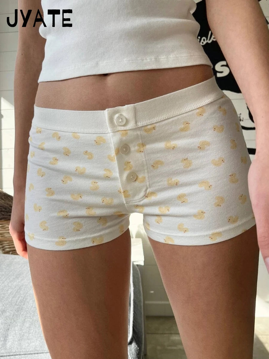 Little Duck Print Patchwork Short Pants Women New Cotton High Waist Buttons Straight Home Underwear Sweet Cute Casual Shorts Y2K