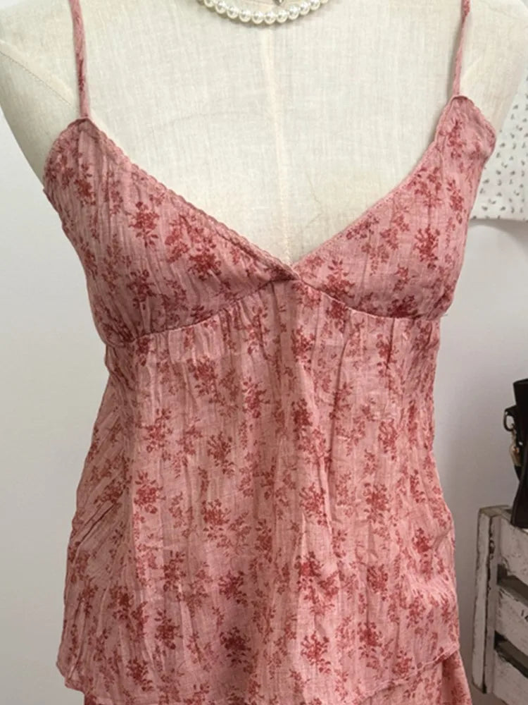 Floral Folds Deep V-neck Camisole Women Y2K Chic Lace Trim Slim Backless Vest Evening Camis Vintage Sweet Preppy Style Tank Tops