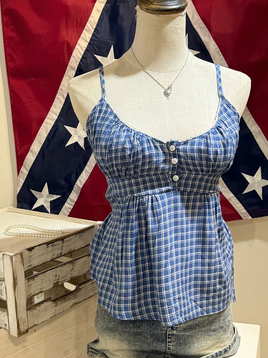 Navy Dot Slim Buttons Tank Top Woman Summer New Lace Trim V-neck Back Lace-up Cotton Camis Clothes Vintage Sweet Crop Tops Y2K
