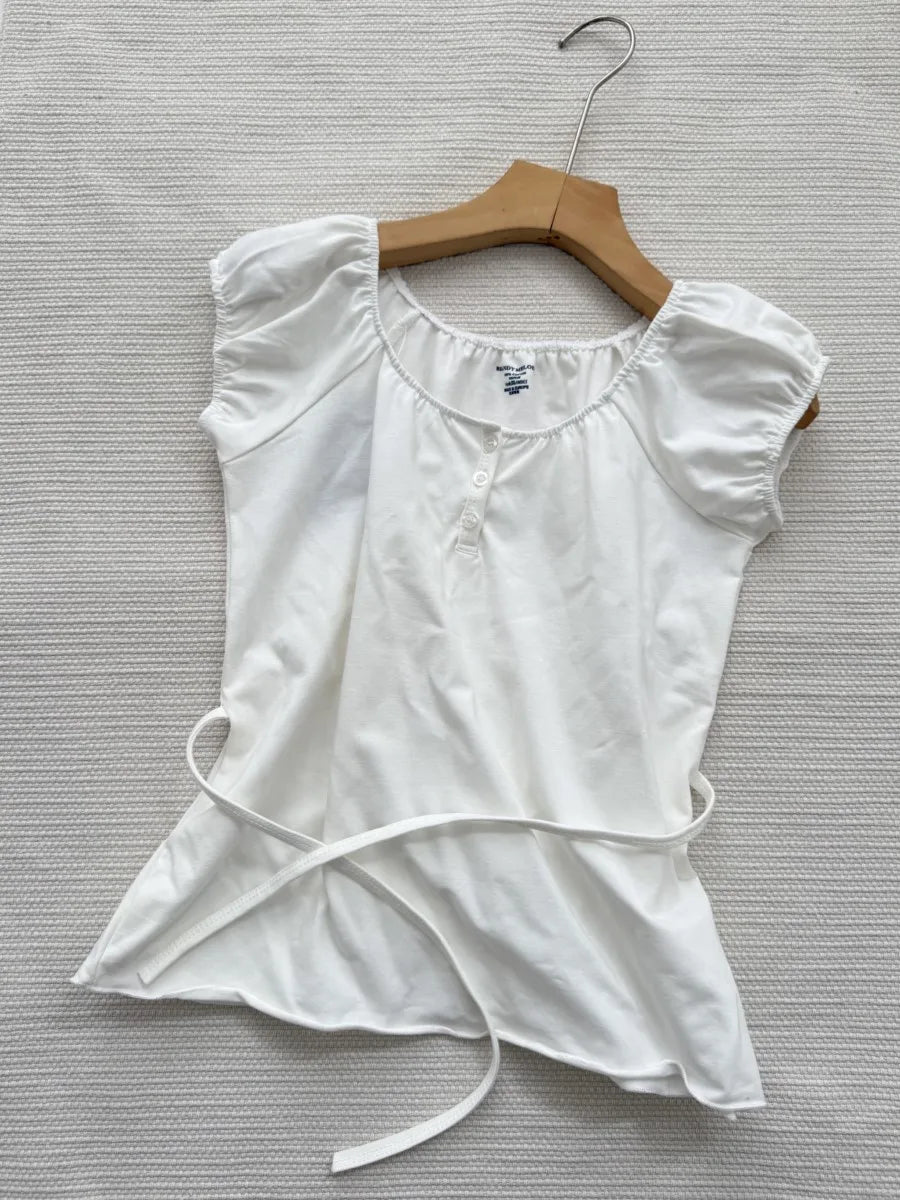 White Back lace-up T-shirt Shorts 2 Pieces Sets Women Cotton Slim Buttons Crop Top+Bow Home Shorts Sweet Two Piece Clean Outfit