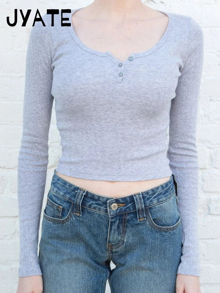 Sweet Pink Hollow Out Long Sleeve Tees Women Summer O-neck Buttons Cotton Slim Sexy Tops Female Cute Vintage Chic Y2K T-shirts