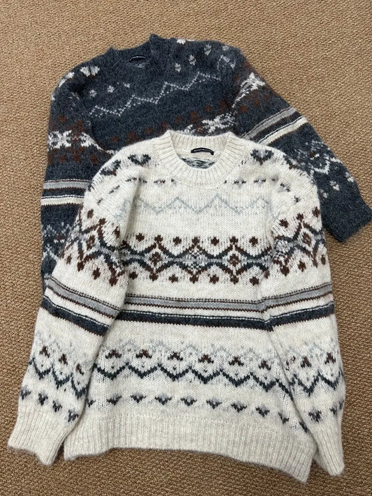 Women's Geometric Jacquard Sweater O-neck Long Sleeve Cotton Knitted Pullover Vintage Casual Cozy Jumper Sweet Y2k Autumn Top