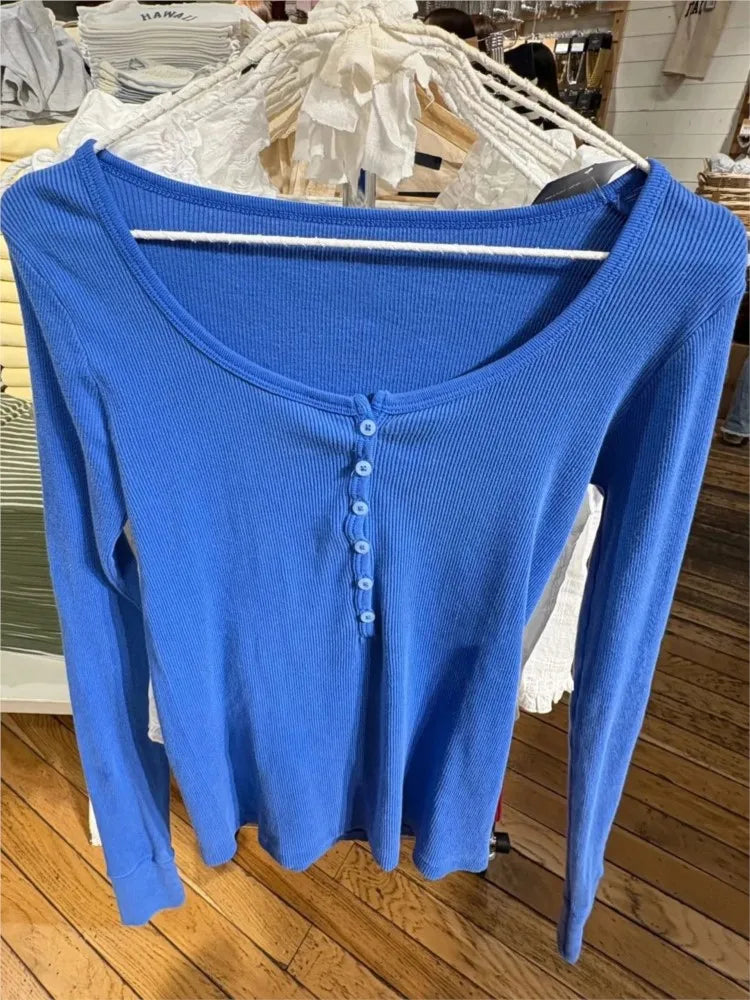 Electric Blue Patchwork Long Sleeve Tee Women Autumn Simple Basic Buttons O-neck Cotton Ribbed Tshirt Sweet Cute Casual T-shirts