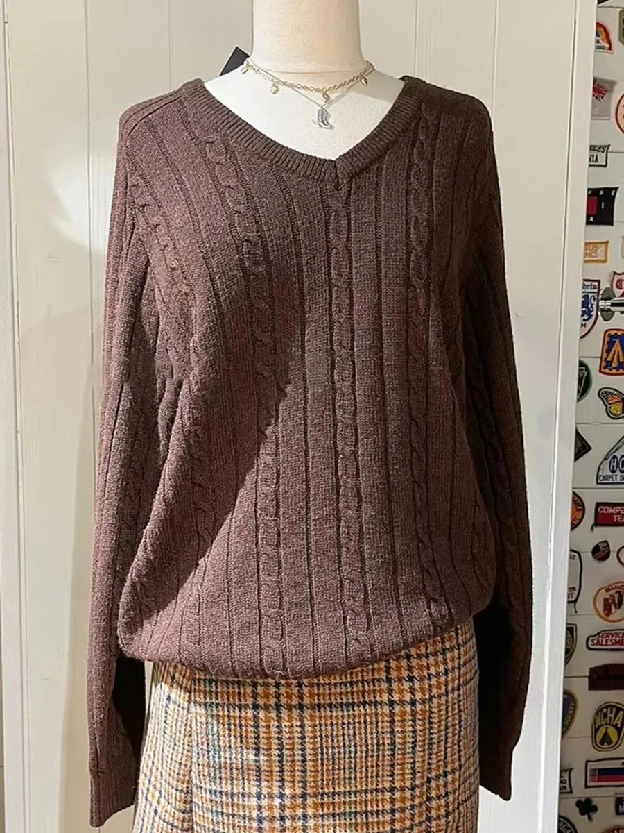 Women V-neck Knitted Sweater Casual Autumn Winter Cotton Warm Loose Twisted Flower Pullover Tops Harajuku Solid Vintage Jumper