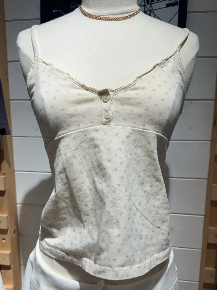 OOTDS Polka Dot White Slim Crop Top Women Navy Lace Trim Two Buttons Cotton Cropped Camisole Sweet Cute Preppy Style Tank Tops
