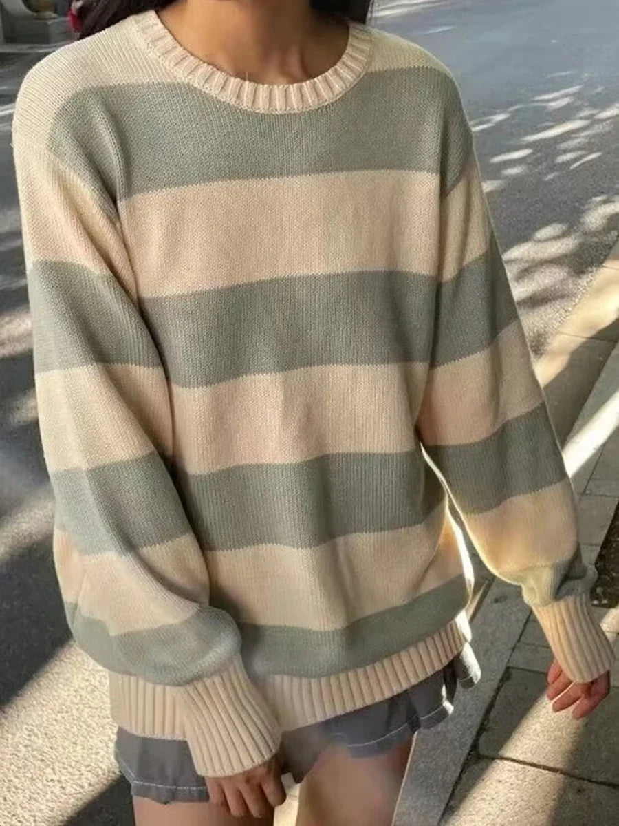 Striped Thick Knitted Jumpers Women Autumn O-neck Fashion Casual Streetwear Loose Pullovers Tops Chic Vintage Sweet Y2K Sweaters