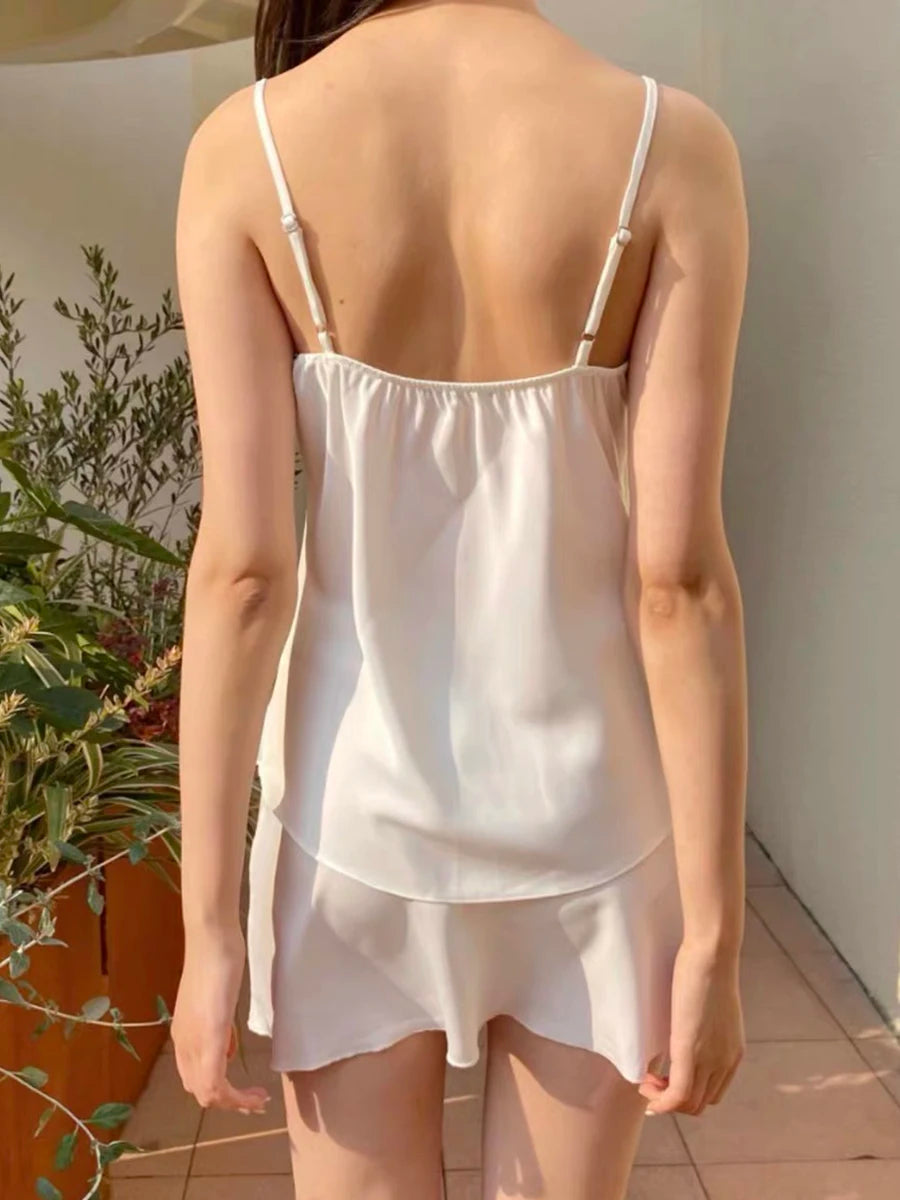 White Satin Vest Skirts 2 Pieces Set Summer Chic Lace Trim Bow V-neck Camisole With A-line Skirt Sweet Elegant Woman's Sets