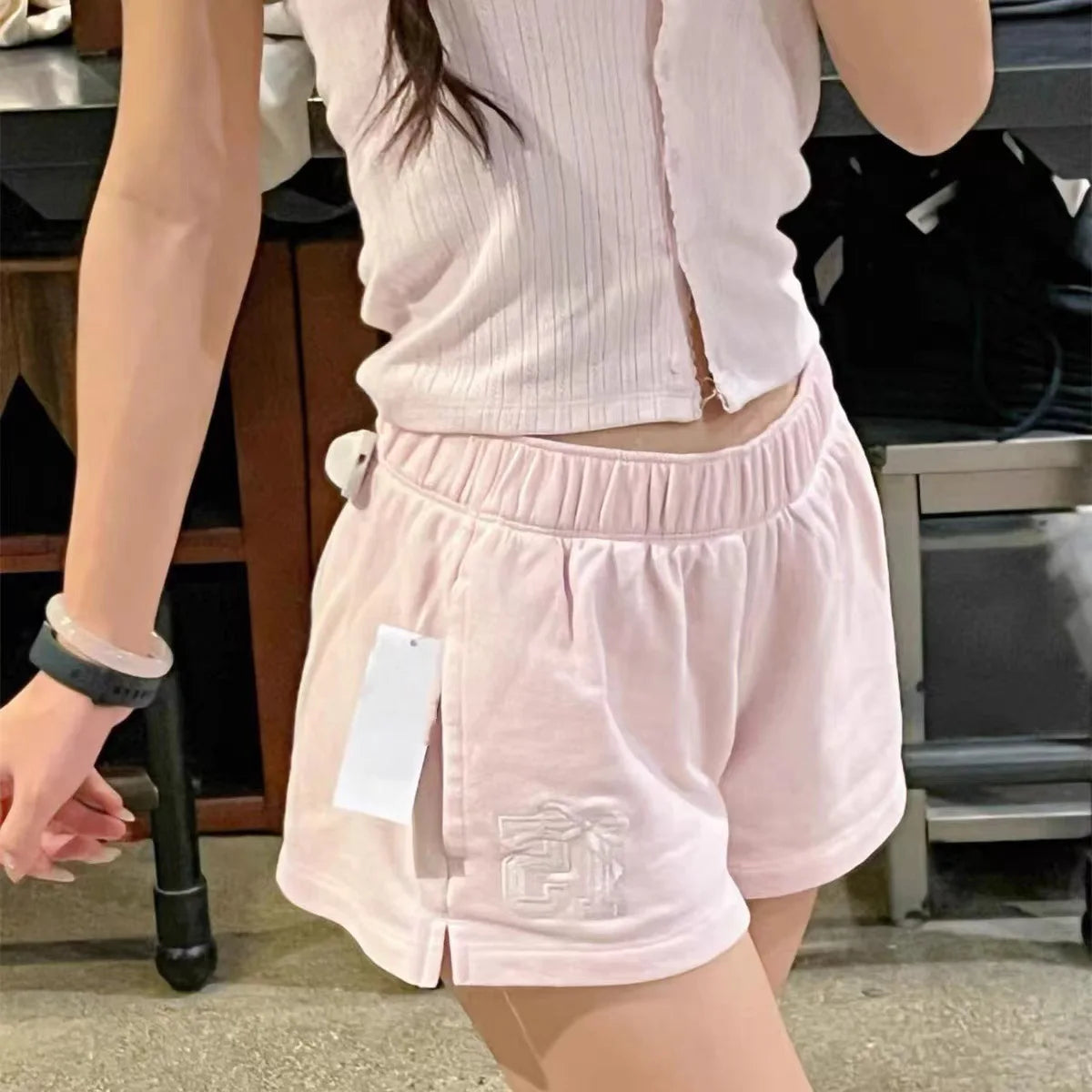 Pink Letter Embroidery Sports Shorts Women New Casual Pockets Drawstring Elastic High Waist Short Cute Sweet Simple Short Pants