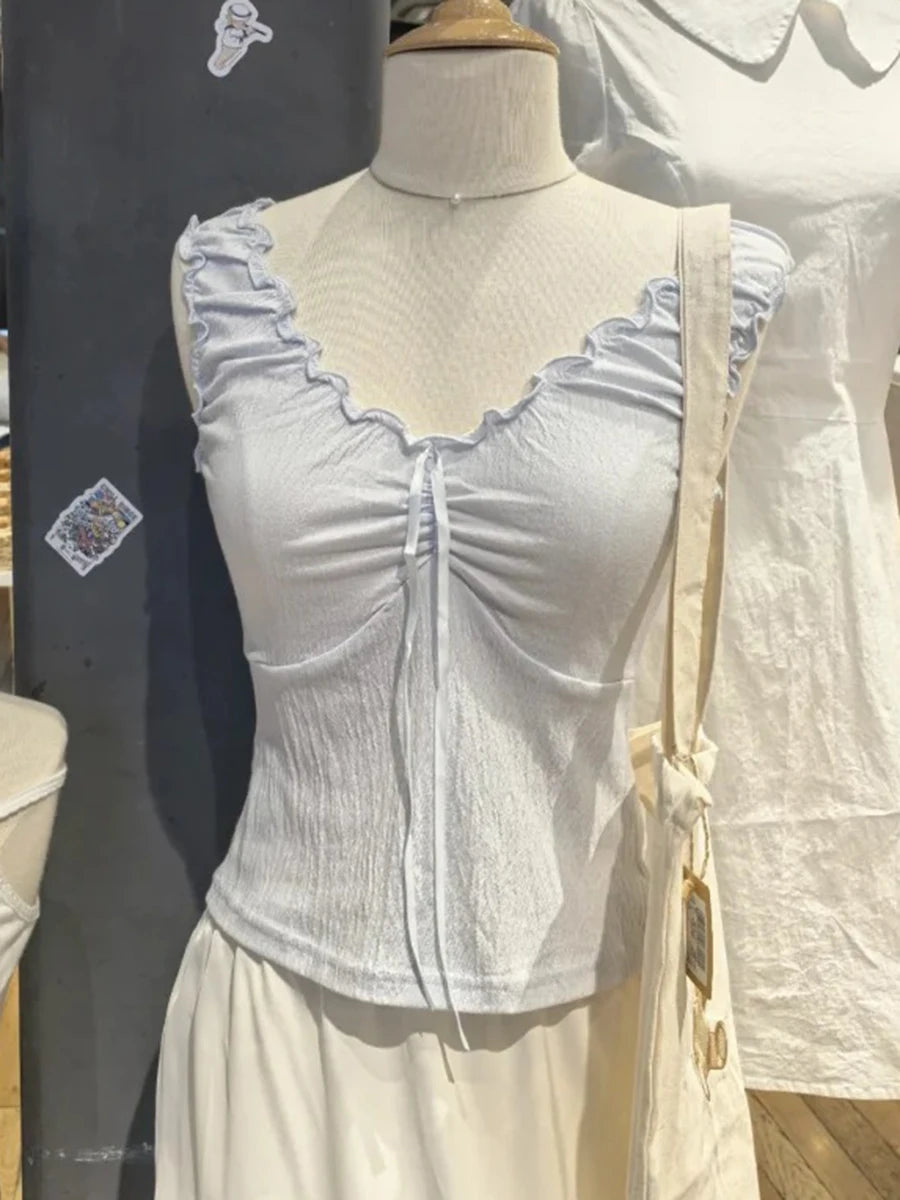 Sweet Blue Ruffles V-neck Cropped Vests Women Summer Casual Slim Folds Bow Sleeveless Tank Tops Sweet Preppy Style Camisole Y2K