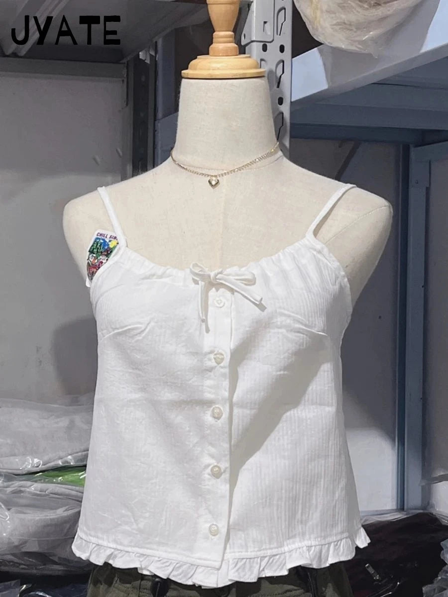 Sweet White Lace-up Ruffles Tank Tops Women Summer New Cotton Sexy Slim Buttons Strapless Vests Cute Vintage Preppy Camisole Y2K