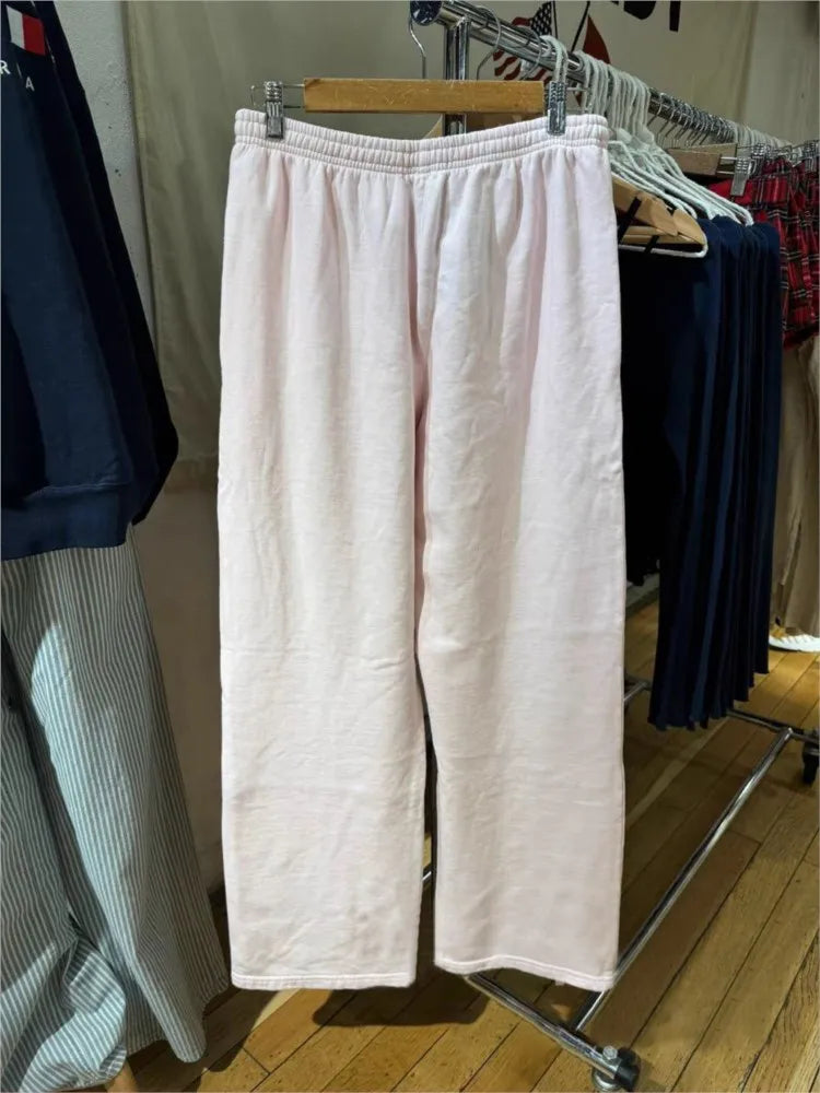 Pink Drawstring Straight Sweatpants Women Autumn Elastic Waist Cotton Loose Trousers Sweet Casual Streetwear Sport Y2K Long Pant