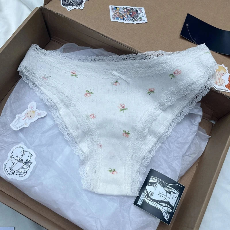 Fashion Floral Print Lace Bow Panitties Women Chic Girls Low Waist Patchwork Cotton Soft Underpants Vintage Sweet Cute Panties