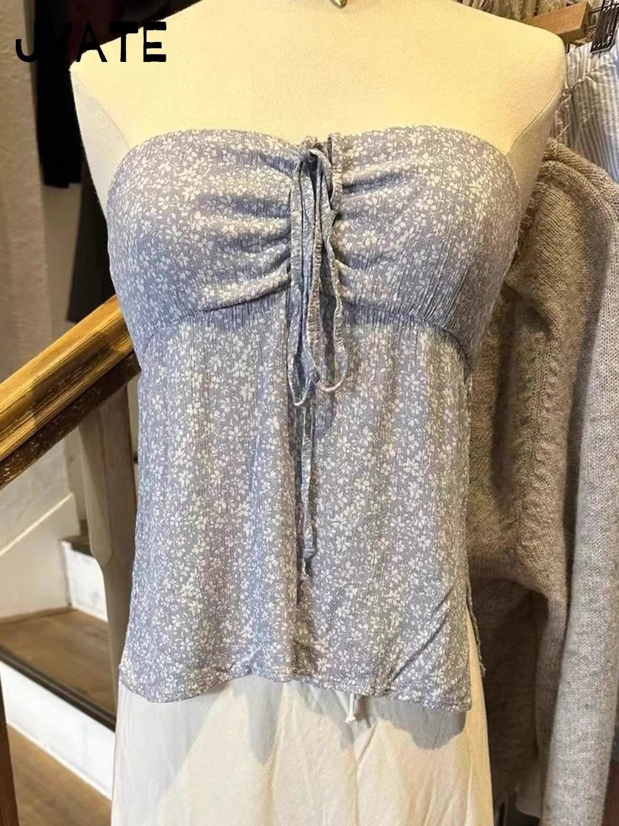Floral Print Sexy Strap Halter Neck Camisole Women Summer Slim Streetwear Sleeveless Cropped Vests Sweet Cute Vintage Tank Tops
