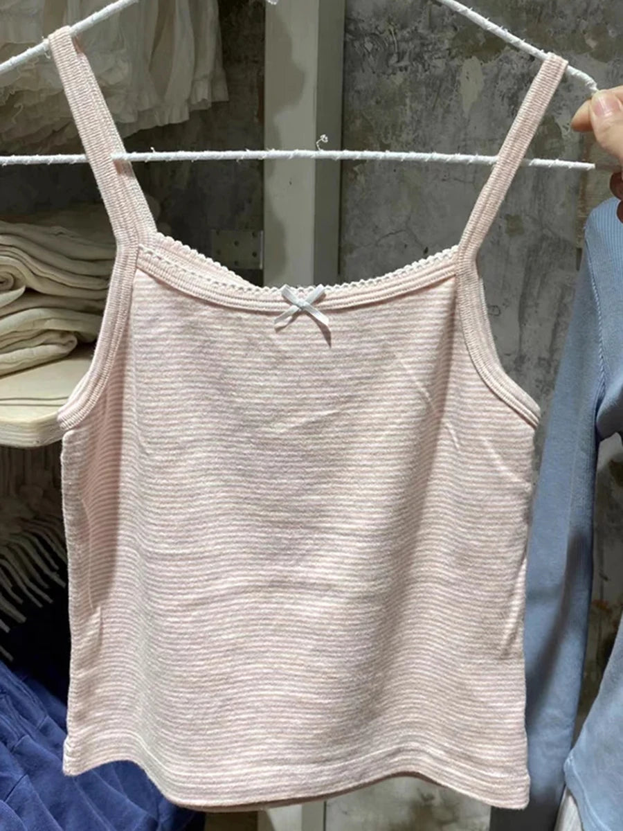 Sweet Slim Pink Striped Camisole Women Summer New Cotton Streetwear Sexy Cute Sleeveless Vests Female Chic Vintage Y2K Tank Tops