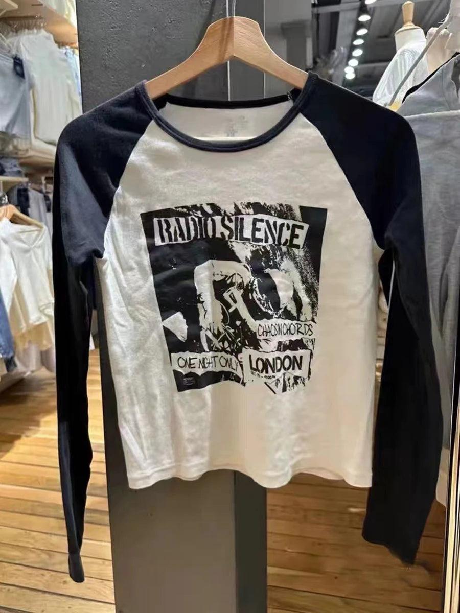 Patchwork Slim Long Sleeve Tops Women Casual Simple Cotton Letter Print Streetwear Tee Female Fashion Vintage Chic Y2K T-shirts