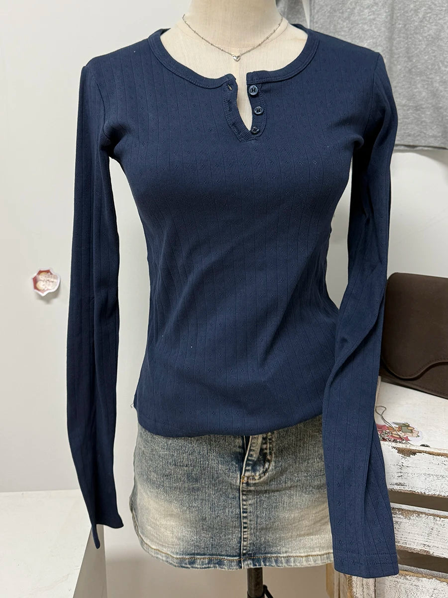 Eyelet Slim Long Sleeve T-shirt Women Simple Basic Preppy Style Buttons O-neck Cotton Tee Shirts Cute Vintage Sweet Tops