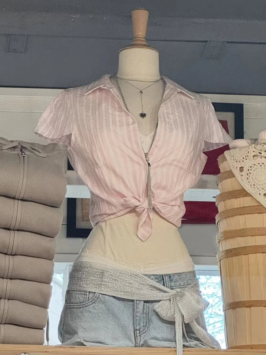 Pink Striped Blouse Women Summer Streetwear Silver Line Slim Short Sleeve Buttons T-shirts Sweet Cute Preppy Style Tshirt Y2K