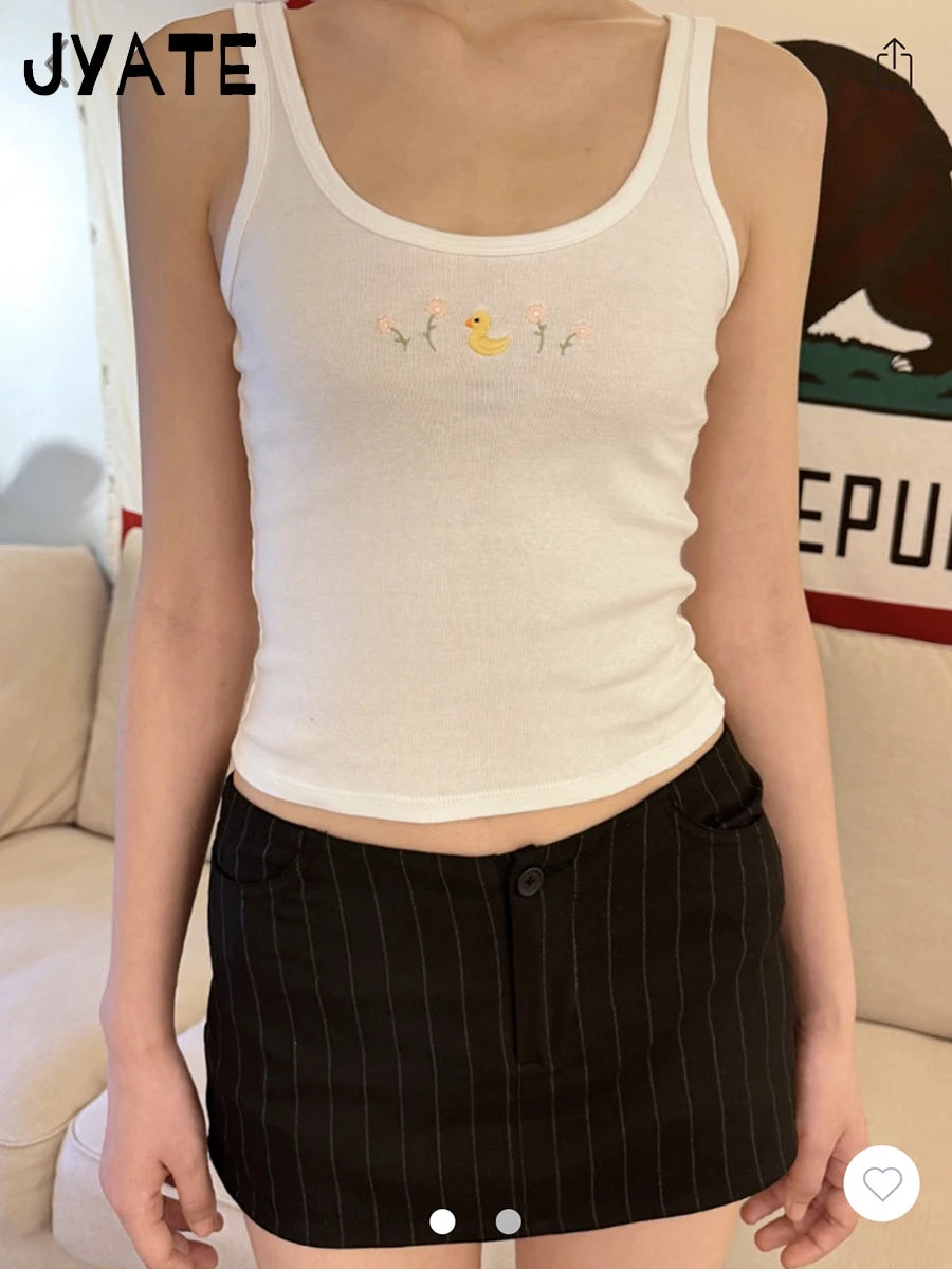 Cute Duck Daisy Embroidery U-neck Tank Tops Women New Cotton Casual Preppy Style Sleeveless Vest Sweet Vintage Chic Camisole Y2K