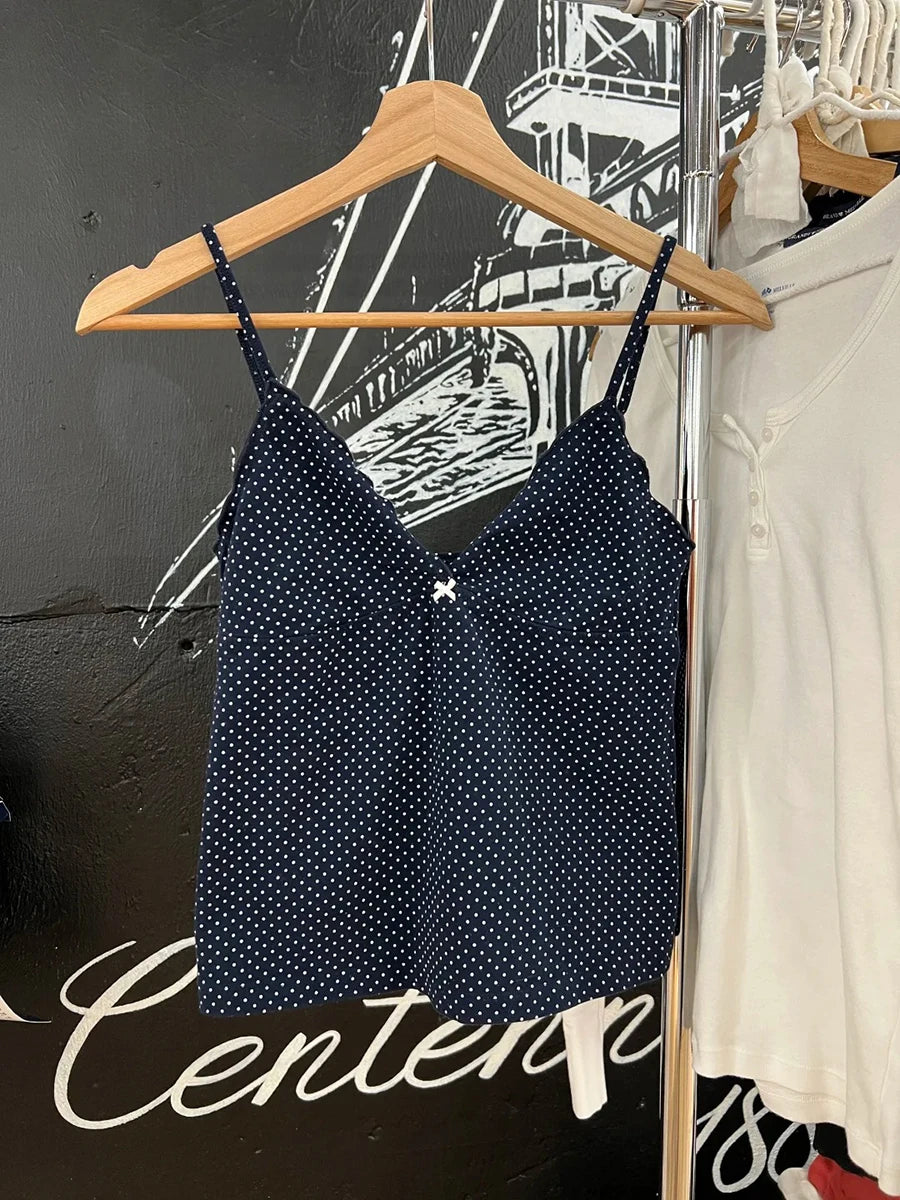 Navy Dot Fungus Trim Bow Tank Tops Women Casual Cotton Slim V-neck Sleeveless Camis Girls Cute Sweet Preppy Style Y2K Crop Top