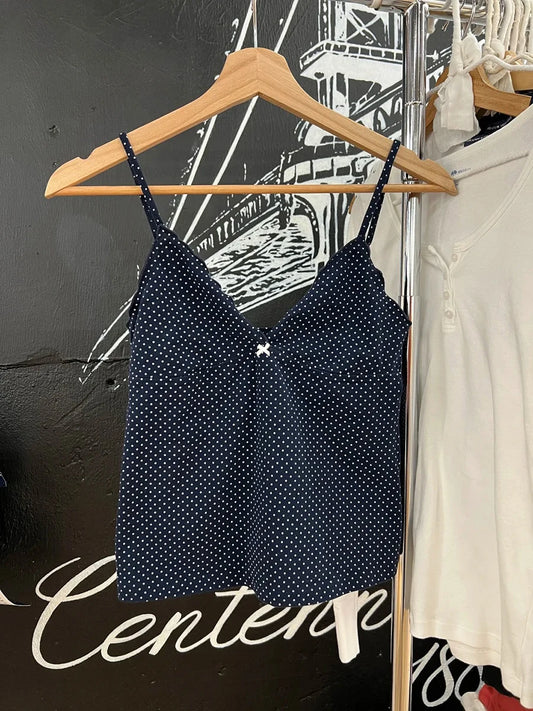 Navy Dot Fungus Trim Bow Tank Tops Women Casual Cotton Slim V-neck Sleeveless Camis Girls Cute Sweet Preppy Style Y2K Crop Top