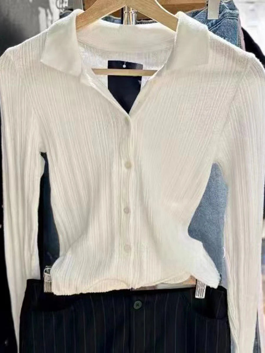 Eyelet Knitted Slim T-shirts Women Turn Down Collar Elegant Button Chic Long Sleeve Tees Female Sweet Simple Slim Hollow Out Top